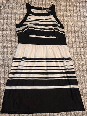 Ann Taylor Black and White Striped Midi Dress
